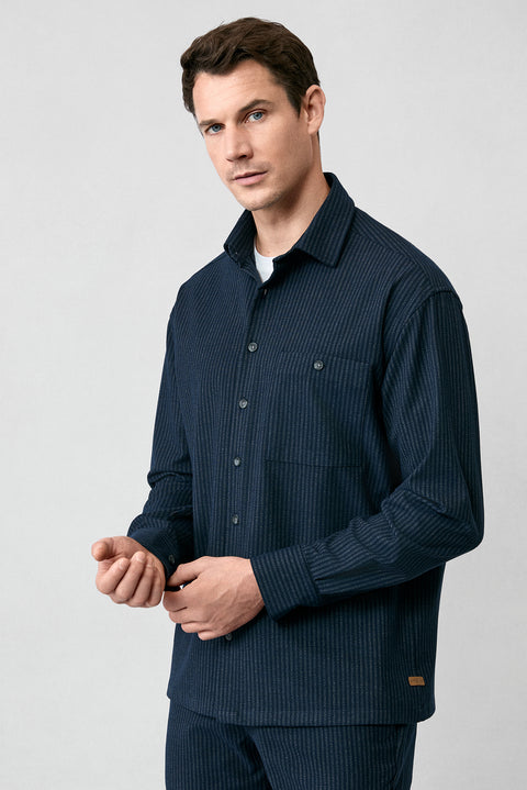 Koyu Lacivert Uzun Kol Oversize Ekstra Rahat Kesim Fit Çizgili Spor Gömlek