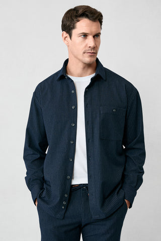  Koyu Lacivert Uzun Kol Oversize Ekstra Rahat Kesim Fit Çizgili Spor Gömlek-Ki??l?