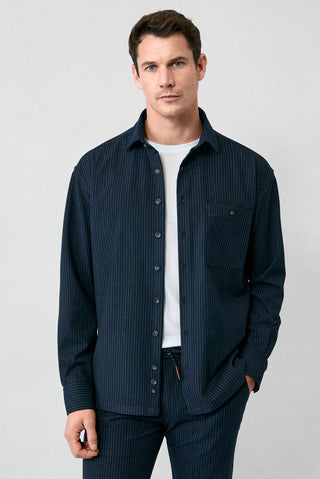  Koyu Lacivert Uzun Kol Oversize Ekstra Rahat Kesim Fit Çizgili Spor Gömlek