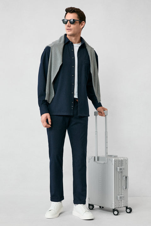 Koyu Lacivert Uzun Kol Oversize Ekstra Rahat Kesim Fit Çizgili Spor Gömlek