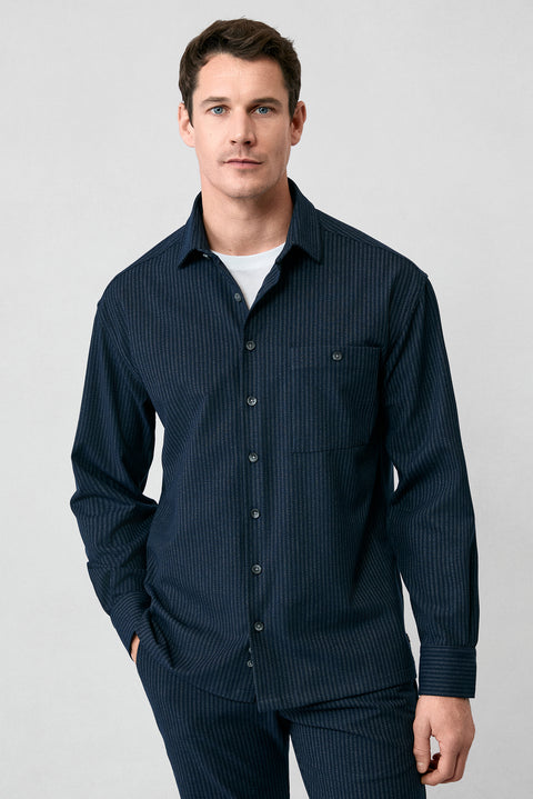 Koyu Lacivert Uzun Kol Oversize Ekstra Rahat Kesim Fit Çizgili Spor Gömlek