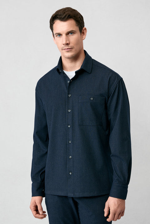 Koyu Lacivert Uzun Kol Oversize Ekstra Rahat Kesim Fit Çizgili Spor Gömlek