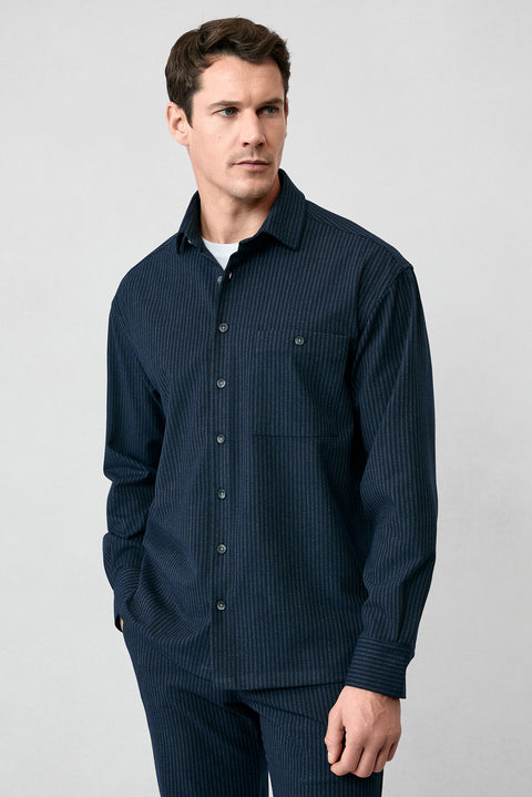 Koyu Lacivert Uzun Kol Oversize Ekstra Rahat Kesim Fit Çizgili Spor Gömlek