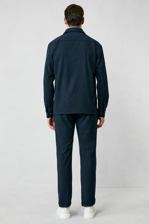 Koyu Lacivert Uzun Kol Oversize Ekstra Rahat Kesim Fit Çizgili Spor Gömlek