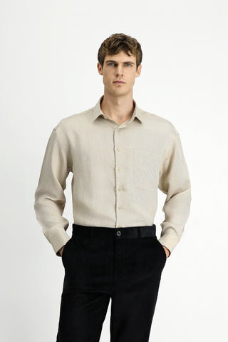  Açık Bej Uzun Kol Oversize Ekstra Rahat Kesim Çizgili Modal Karışımlı Gömlek