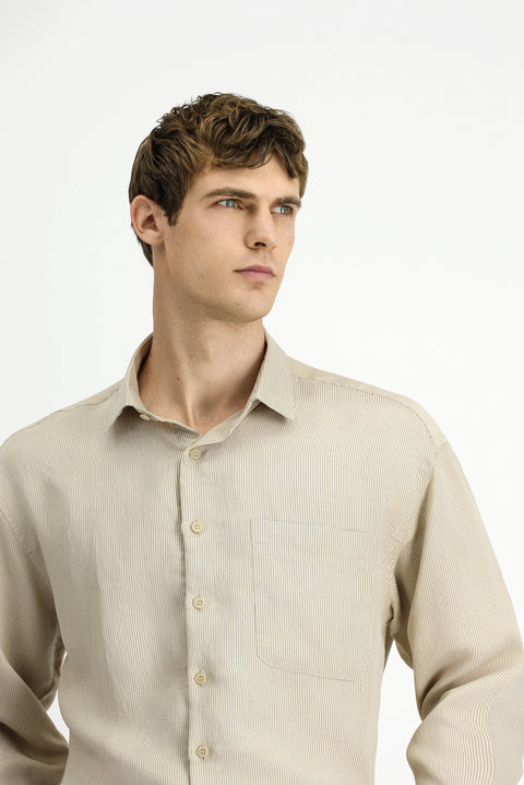 Açık Bej Uzun Kol Oversize Ekstra Rahat Kesim Çizgili Modal Karışımlı Gömlek