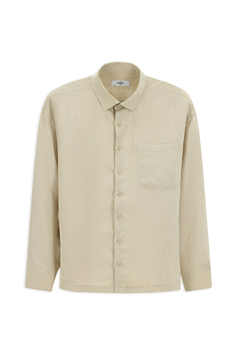 Açık Bej Uzun Kol Oversize Ekstra Rahat Kesim Çizgili Modal Karışımlı Gömlek