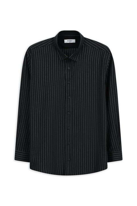 Siyah Uzun Kol Regular Fit Çizgili Yünlü Gömlek