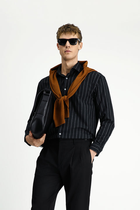 Siyah Uzun Kol Oversize Ekstra Rahat Kesim Çizgili Yünlü Gömlek