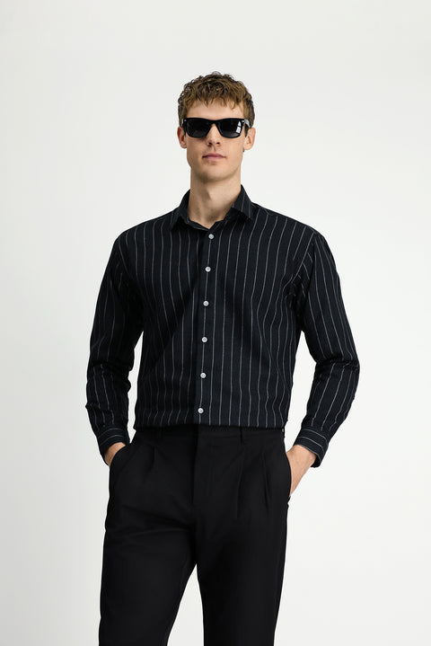 Siyah Uzun Kol Oversize Ekstra Rahat Kesim Çizgili Yünlü Gömlek