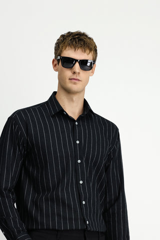  Siyah Uzun Kol Oversize Ekstra Rahat Kesim Çizgili Yünlü Gömlek