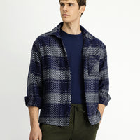 Orta Lacivert Uzun Kol Oversize Ekstra Rahat Kesim Spor Pamuklu Ekose Shacket Oduncu Gömlek / Mont