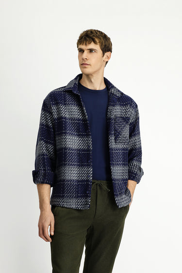  Orta Lacivert Uzun Kol Oversize Ekstra Rahat Kesim Spor Pamuklu Ekose Shacket Oduncu Gömlek / Mont