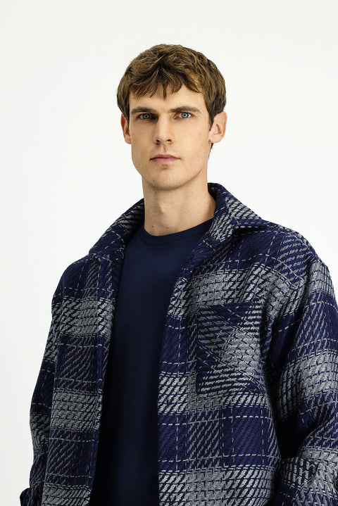 Orta Lacivert Uzun Kol Oversize Ekstra Rahat Kesim Spor Pamuklu Ekose Shacket Oduncu Gömlek / Mont