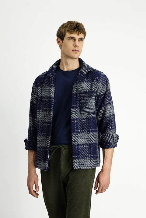 Orta Lacivert Uzun Kol Oversize Ekstra Rahat Kesim Spor Pamuklu Ekose Shacket Oduncu Gömlek / Mont