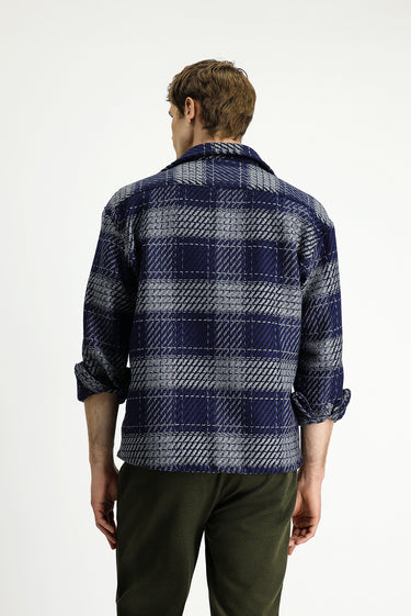 Orta Lacivert Uzun Kol Oversize Ekstra Rahat Kesim Spor Pamuklu Ekose Shacket Oduncu Gömlek / Mont