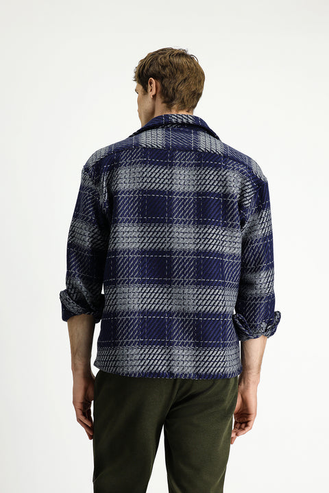 Orta Lacivert Uzun Kol Oversize Ekstra Rahat Kesim Spor Pamuklu Ekose Shacket Oduncu Gömlek / Mont