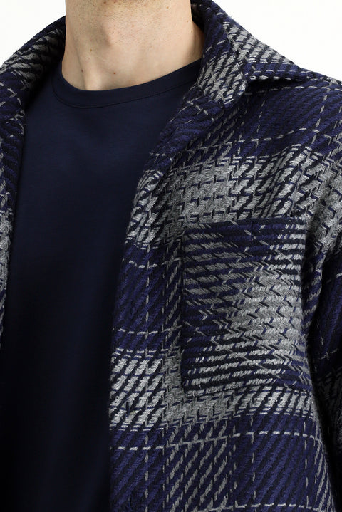 Orta Lacivert Uzun Kol Oversize Ekstra Rahat Kesim Spor Pamuklu Ekose Shacket Oduncu Gömlek / Mont