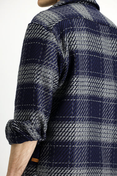 Orta Lacivert Uzun Kol Oversize Ekstra Rahat Kesim Spor Pamuklu Ekose Shacket Oduncu Gömlek / Mont