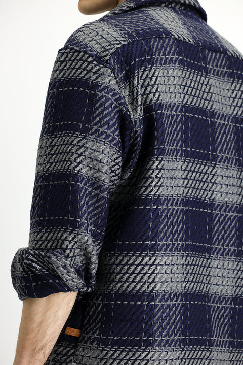 Orta Lacivert Uzun Kol Oversize Ekstra Rahat Kesim Spor Pamuklu Ekose Shacket Oduncu Gömlek / Mont