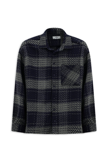 Orta Lacivert Uzun Kol Oversize Ekstra Rahat Kesim Spor Pamuklu Ekose Shacket Oduncu Gömlek / Mont