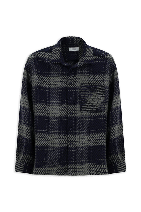 Orta Lacivert Uzun Kol Oversize Ekstra Rahat Kesim Spor Pamuklu Ekose Shacket Oduncu Gömlek / Mont