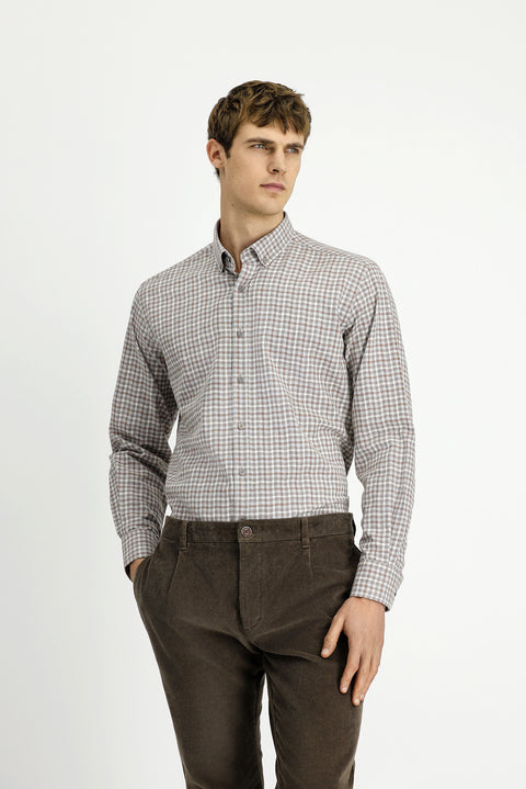 Orta Bej Uzun Kol Regular Fit Düğmeli Yaka Spor Pamuk Ekose Oduncu Gömlek