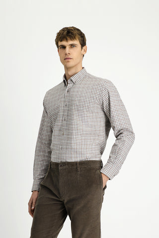  Orta Bej Uzun Kol Regular Fit Düğmeli Yaka Spor Pamuk Ekose Oduncu Gömlek