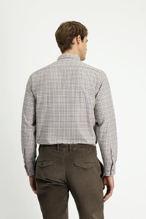 Orta Bej Uzun Kol Regular Fit Düğmeli Yaka Spor Pamuk Ekose Oduncu Gömlek