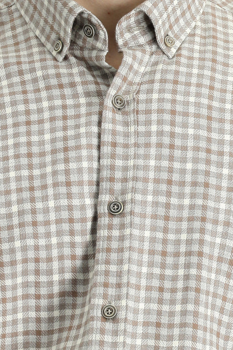 Orta Bej Uzun Kol Regular Fit Düğmeli Yaka Spor Pamuk Ekose Oduncu Gömlek