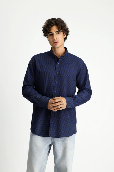 İndigo Uzun Kol Regular Fit Düğmeli Yaka Spor Pamuk Ekose Oduncu Gömlek