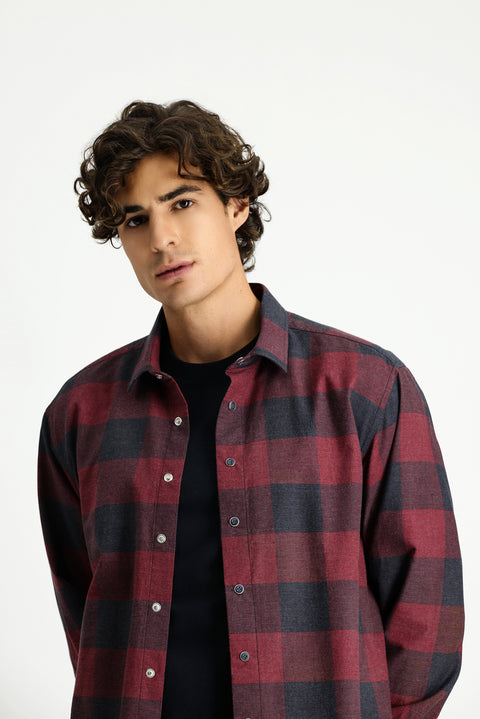 Açık Kırmızı Uzun Kol Regular Fit Spor Pamuk Ekose Oduncu Gömlek