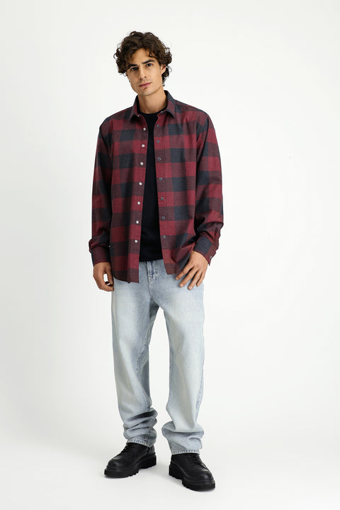 Açık Kırmızı Uzun Kol Regular Fit Spor Pamuk Ekose Oduncu Gömlek