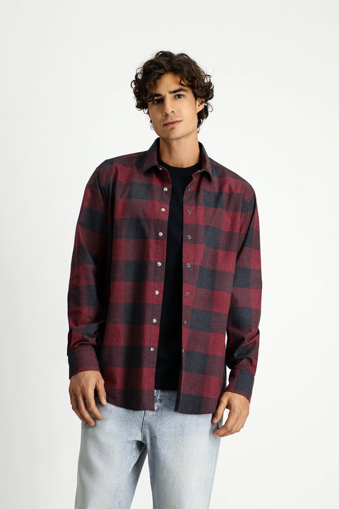 Açık Kırmızı Uzun Kol Regular Fit Spor Pamuk Ekose Oduncu Gömlek