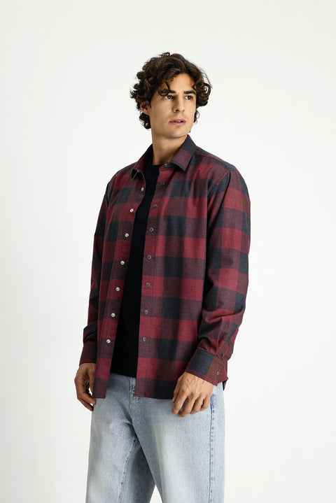 Açık Kırmızı Uzun Kol Regular Fit Spor Pamuk Ekose Oduncu Gömlek