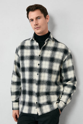  Siyah Uzun Kol Oversize Ekstra Rahat Kesim Ekose Pamuk Oduncu Kışlık Gömlek