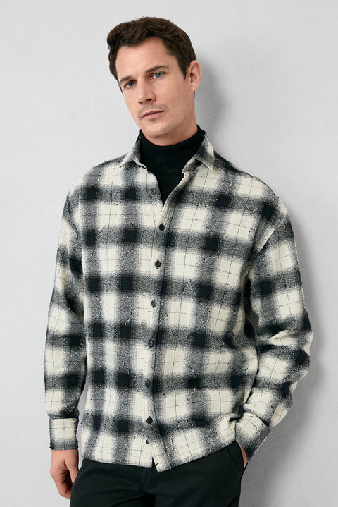 Siyah Uzun Kol Oversize Ekstra Rahat Kesim Ekose Pamuk Oduncu Kışlık Gömlek