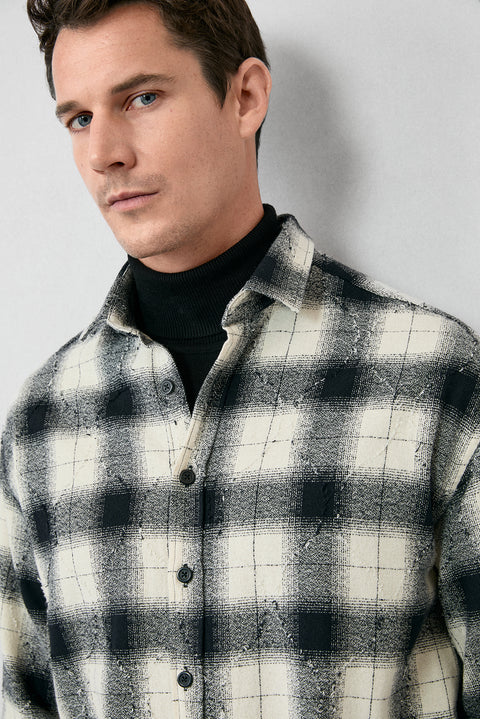 Siyah Uzun Kol Oversize Ekstra Rahat Kesim Ekose Pamuk Oduncu Kışlık Gömlek