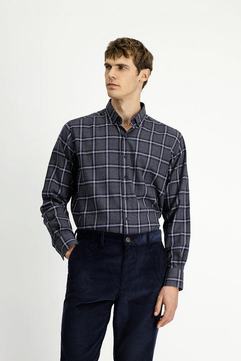 Koyu Füme Uzun Kol Regular Fit Düğmeli Yaka Spor Pamuk Ekose Oduncu Gömlek