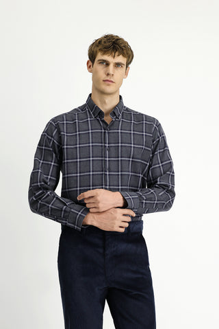  Koyu Füme Uzun Kol Regular Fit Düğmeli Yaka Spor Pamuk Ekose Oduncu Gömlek