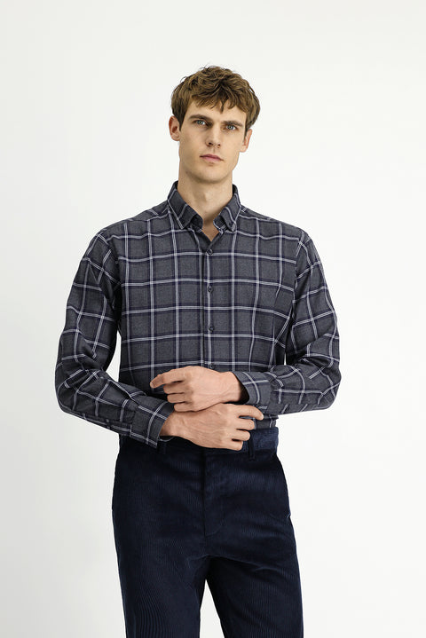 Koyu Füme Uzun Kol Regular Fit Düğmeli Yaka Spor Pamuk Ekose Oduncu Gömlek