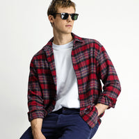 Bayrak Kırmızı Uzun Kol Oversize Ekstra Rahat Kesim Ekose Pamuk Shacket Oduncu Gömlek