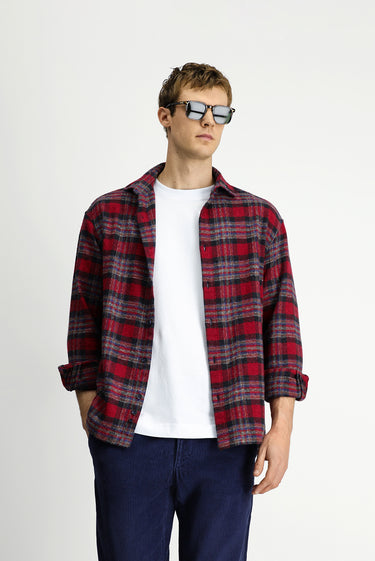 Bayrak Kırmızı Uzun Kol Oversize Ekstra Rahat Kesim Ekose Pamuk Shacket Oduncu Gömlek