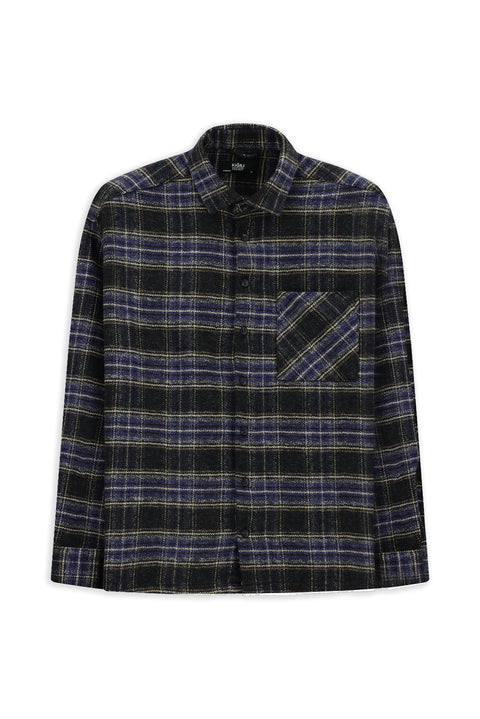 Orta Lacivert Uzun Kol Oversize Ekstra Rahat Kesim Cepli Ekose Pamuk Oduncu Kışlık Gömlek