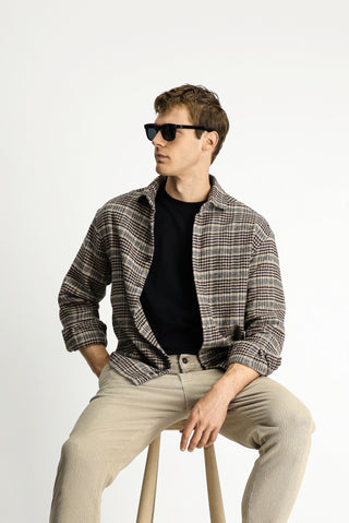  Orta Kahve Uzun Kol Oversize Ekstra Rahat Kesim Ekose Pamuk Shacket Oduncu Gömlek