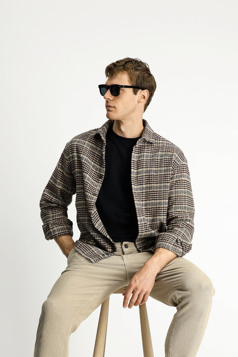 Orta Kahve Uzun Kol Oversize Ekstra Rahat Kesim Ekose Pamuk Shacket Oduncu Gömlek