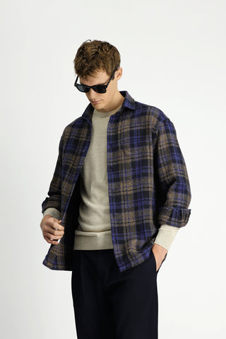  Kobalt Mavi Uzun Kol Oversize Ekstra Rahat Kesim Ekose Pamuk Cepli Shacket Oduncu Gömlek