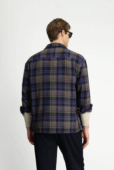 Kobalt Mavi Uzun Kol Oversize Ekstra Rahat Kesim Ekose Pamuk Cepli Shacket Oduncu Gömlek