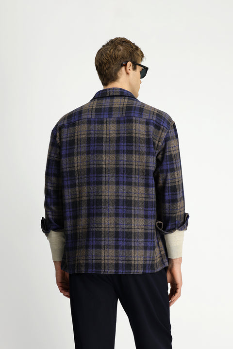 Kobalt Mavi Uzun Kol Oversize Ekstra Rahat Kesim Ekose Pamuk Cepli Shacket Oduncu Gömlek