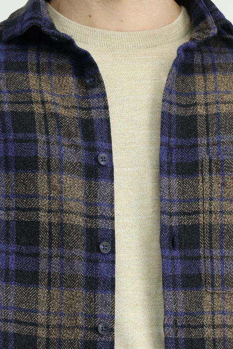 Kobalt Mavi Uzun Kol Oversize Ekstra Rahat Kesim Ekose Pamuk Cepli Shacket Oduncu Gömlek